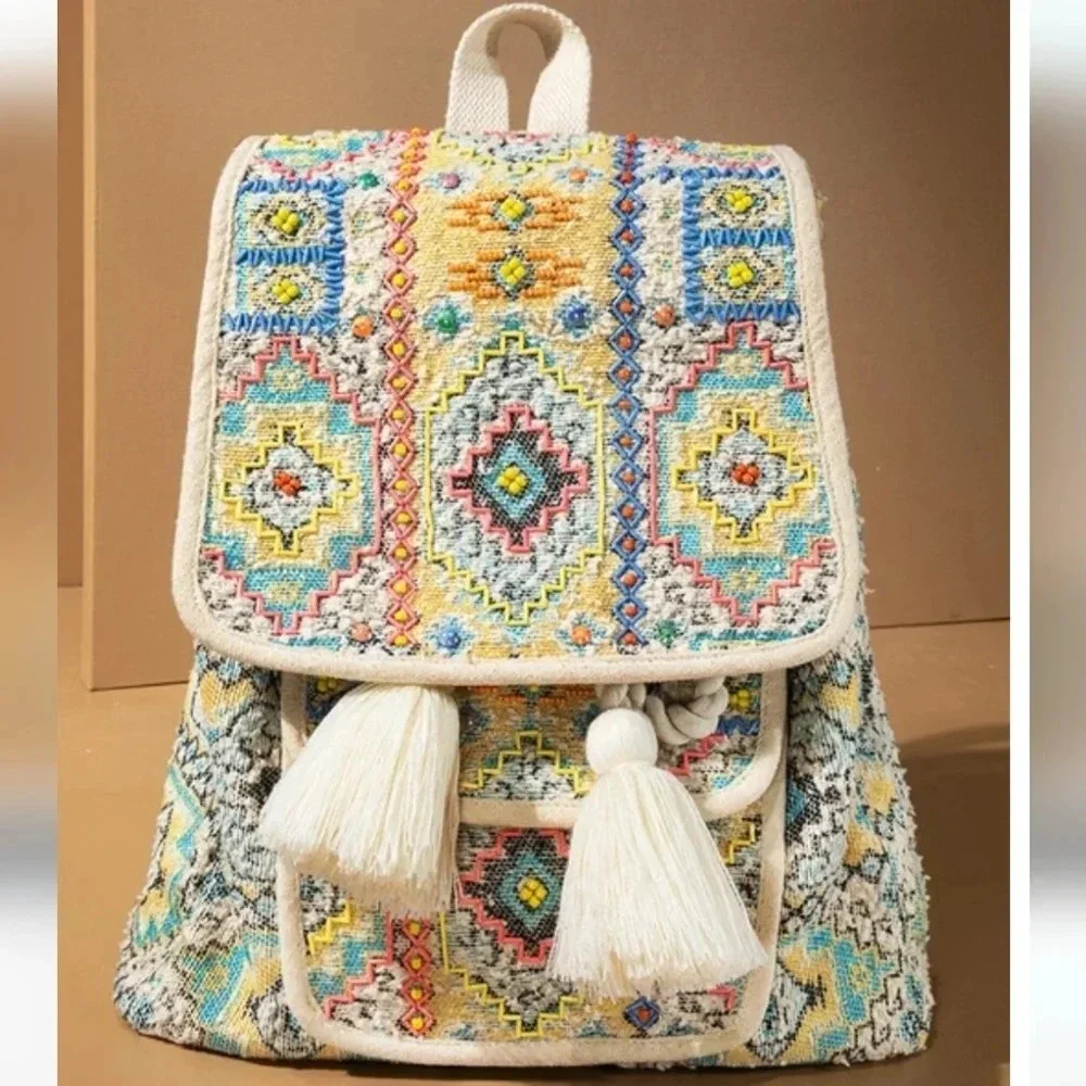 Ruggine Boho Embroidered Beaded Jacquard Backpack New